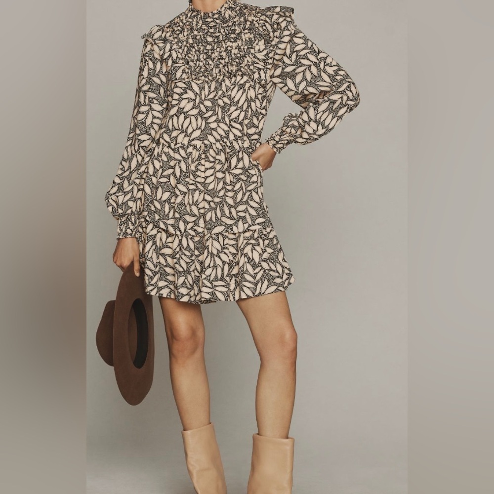 Anthropologie Long Sleeve Printed Smocked Mini Dress XXSP Viscose